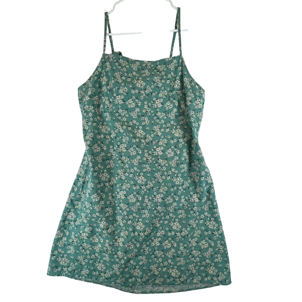 American Eagle Dress‎ Size L Green Floral Linen Cotton Blend Open Back Tie Mini